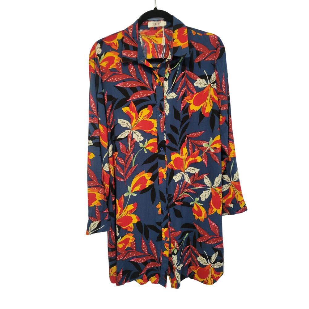 Julia L Blue Turquoise Orange Floral Button Front Tunic Collar‎ Shirt Mini Dress
